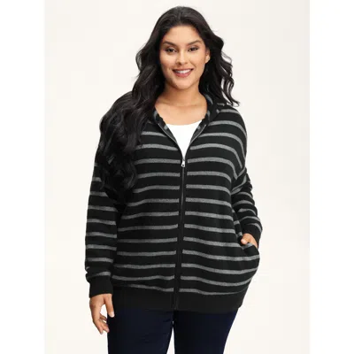 Bloomchic Women's Plus Size Supersoft Stripe Hooded Zipper Pockets Knit Cardigan Black Long Sleeve Hooded Neck