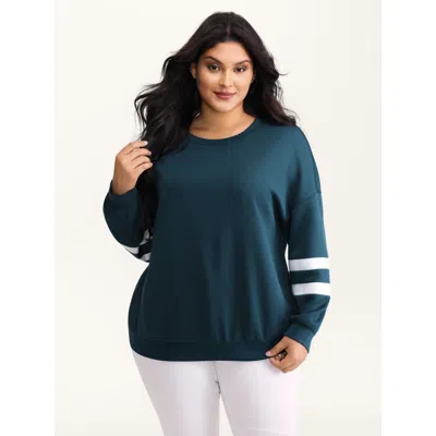 Bloomchic Women's Plus Size Supersoft Stripe Sleeve Contrast Sweatshirt Aegean Casual Round Neck 14-16/1x In Blue