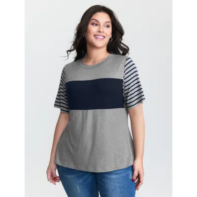 Bloomchic Women's Plus Size Supersoft Striped Color Contrast T-shirt Lightgray Stripes Casual Short Sleeve Rou In Gray