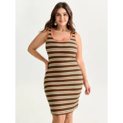 Bloomchic Women's Plus Size Supersoft Striped Print Color Contrast Knit Midi Dress Multicolor Vacation Knee Le