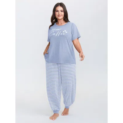 Bloomchic Women's Plus Size Supersoft Striped Print Pajama Set Lightblue 10/m In Blue