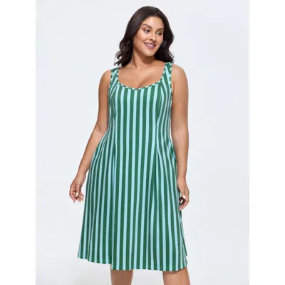 Bloomchic Women's Plus Size Supersoft Striped Print Scoop Neckline Midi Dress Emerald Stripes Knee Length Casu In Green