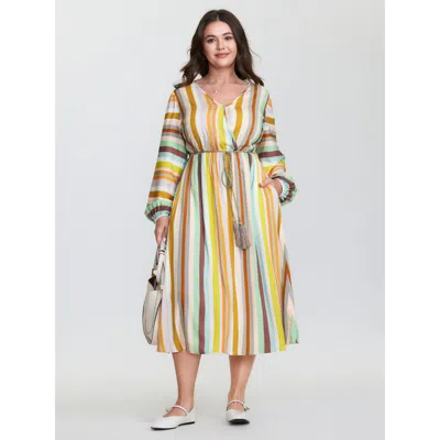 Bloomchic Women's Plus Size Supersoft Striped Wrap Neckline Midi Dress Multicolor Stripes Midi Casual Tassels 