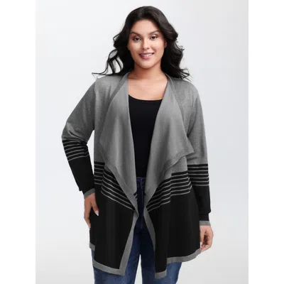 Bloomchic Women's Plus Size Supersoft Stripes Asymmetrical Collar Knit Cardigan Darkgray Long Sleeve 10/m In Gray