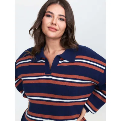 Bloomchic Women's Plus Size Supersoft Stripes Polo Collar Pullover Indigo Long Sleeve 10/m In Purple