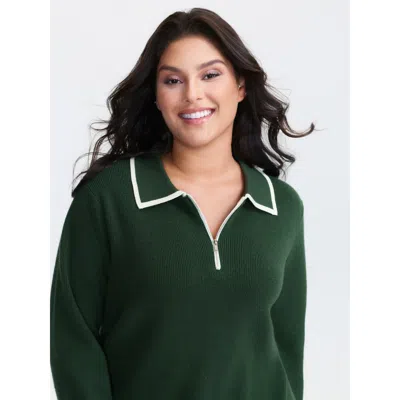 Bloomchic Women's Plus Size Supersoft Super Stretchy Half Zipper Pullover Darkgreen Not Graphics Long Sleeve P In Green