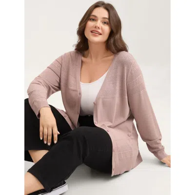 Bloomchic Women's Plus Size Supersoft Textured Button Long Sleeve Knit Cardigan Lightpink Long Sleeve V-neck 1