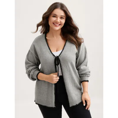 Bloomchic Women's Plus Size Supersoft Textured Contrast Lace Tie Knit Cardigan Mediumgray Long Sleeve 28/5x