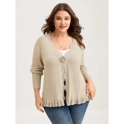 Bloomchic Women's Plus Size Supersoft Textured Floral Button Ruffled Hem Knit Cardigan Apricot Long Sleeve V-n In Orange