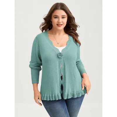 Bloomchic Women's Plus Size Supersoft Textured Floral Button Ruffled Hem Knit Cardigan Arctic Long Sleeve V-ne In White