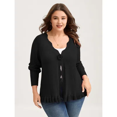 Bloomchic Women's Plus Size Supersoft Textured Floral Button Ruffled Hem Knit Cardigan Black Long Sleeve V-nec