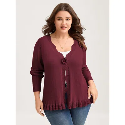 Bloomchic Women's Plus Size Supersoft Textured Floral Button Ruffled Hem Knit Cardigan Burgundy Long Sleeve V-