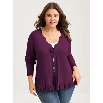 Bloomchic Women's Plus Size Supersoft Textured Floral Button Ruffled Hem Knit Cardigan Deeppurple Long Sleeve 