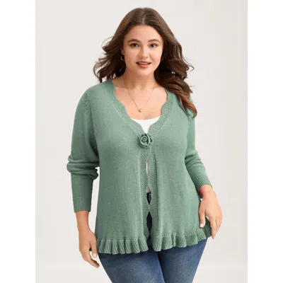 Bloomchic Women's Plus Size Supersoft Textured Floral Button Ruffled Hem Knit Cardigan Greenbean Long Sleeve V
