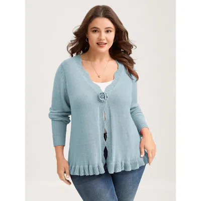 Bloomchic Women's Plus Size Supersoft Textured Floral Button Ruffled Hem Knit Cardigan Lightblue Long Sleeve V In Blue