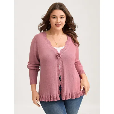 Bloomchic Women's Plus Size Supersoft Textured Floral Button Ruffled Hem Knit Cardigan Lightpink Long Sleeve V