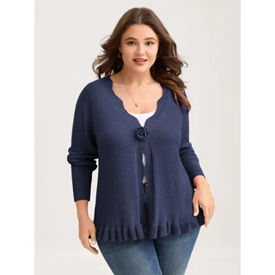 Bloomchic Women's Plus Size Supersoft Textured Floral Button Ruffled Hem Knit Cardigan Mediumblue Long Sleeve 