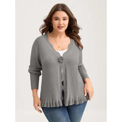 Bloomchic Women's Plus Size Supersoft Textured Floral Button Ruffled Hem Knit Cardigan Mediumgray Long Sleeve 