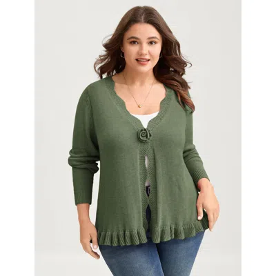 Bloomchic Women's Plus Size Supersoft Textured Floral Button Ruffled Hem Knit Cardigan Sage Long Sleeve V-neck In Green
