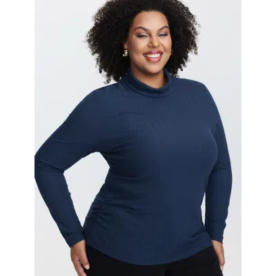 Bloomchic Women's Plus Size Supersoft Textured Turtleneck T-shirt Darkblue Non Casual Long Sleeve 12/l In Blue