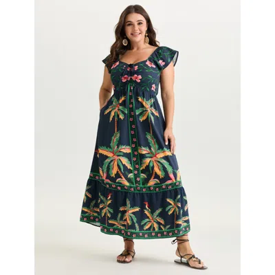 Bloomchic Women's Plus Size Supersoft Tropical Floral Print Drawstring Maxi Dress Multicolor Tropical Maxi Vac