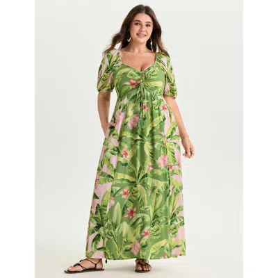 Bloomchic Women's Plus Size Supersoft Tropical Floral Print Ruched Bodice Maxi Dress Lightgreen Floral Maxi Va