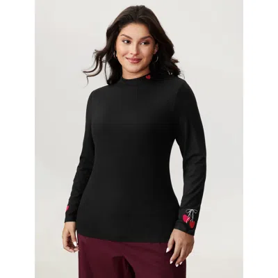 Bloomchic Women's Plus Size Supersoft Twin Hearts Embroidery Fitted T-shirt Black Heart Casual Long Sleeve Moc