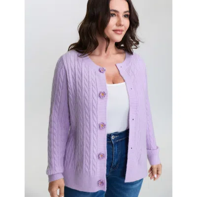 Bloomchic Women's Plus Size Supersoft Twist Textured Floral Buttons Knit Cardigan Lilac Long Sleeve 22-24/3x In Purple