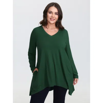 Bloomchic Women's Plus Size Supersoft V Neck High Low Hem T-shirt Darkgreen Solid Casual Long Sleeve V-neck 12 In Green