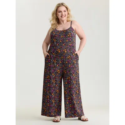 Bloomchic Women's Plus Size Supersoft Vibrant Floral Print Stretchy Jumpsuit Blackflower Casual 12/l