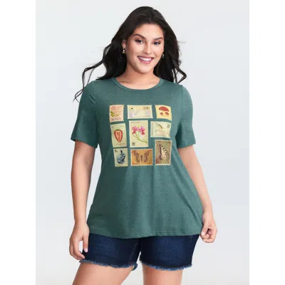 Bloomchic Women's Plus Size Supersoft Vintage Stamps Print T-shirt Teal Non Casual Short Sleeve 10/m In Blue