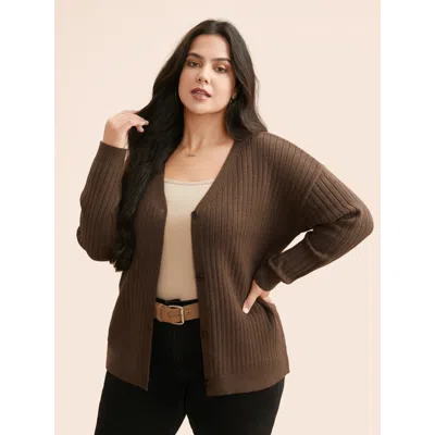 Bloomchic Women's Plus Size Supersoft V-neck Cable Knit Cardigan Browncoffeecolor Long Sleeve 12/l