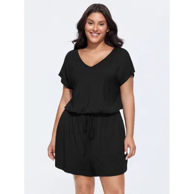 Bloomchic Women's Plus Size Supersoft V-neck Drawstring Romper Black Casual 12/l
