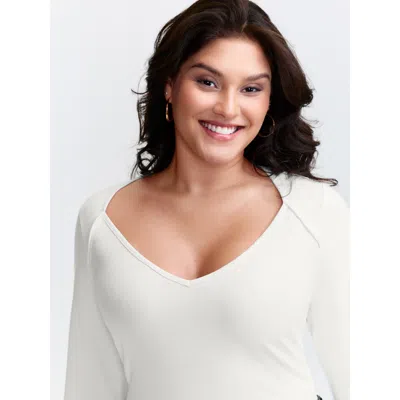 Bloomchic Women's Plus Size Supersoft V-neck Fitted T-shirt Originalwhite Solid Casual Long Sleeve Deep V-neck