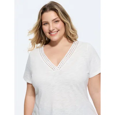 Bloomchic Women's Plus Size Supersoft V-neckline Lace Trim T-shirt Whitesmoke Solid Casual Short Sleeve V-neck