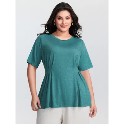 Bloomchic Women's Plus Size Supersoft Waist-defining Pleated T-shirt Cerulean Non Casual Short Sleeve 10/m In Blue