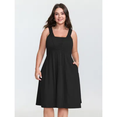 Bloomchic Women's Plus Size Supersoft Wide Straps Plain Mini Dress Black Solid Knee Length Casual Gathered 28/