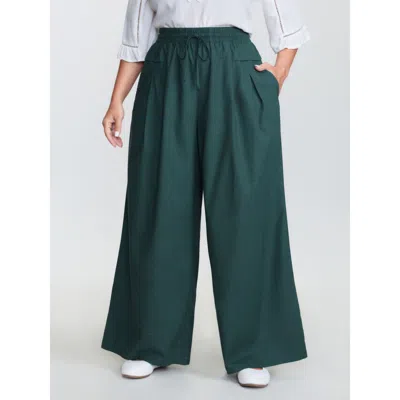 Bloomchic Women's Plus Size Supersoft Wide Waistband Drawstring Pants Cyan Solid Wide Leg Mid Rise Casual 10/m In Blue