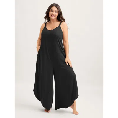 Bloomchic Women's Plus Size Supersoft Wide-leg Cami Lounge Jumpsuit Black Not Graphics Longline 10/m