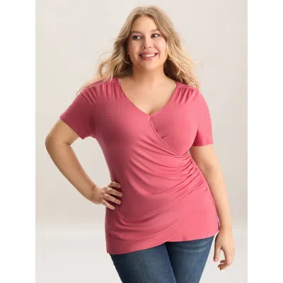 Bloomchic Women's Plus Size Supersoft Wrap Fitted Plain Knit Top Beanpastepowder Short Sleeve Casual 12/l