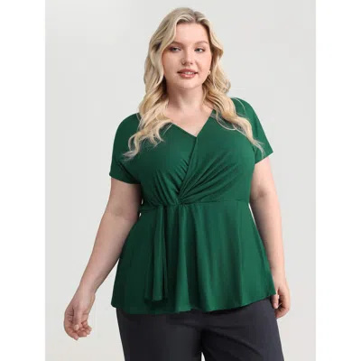Bloomchic Women's Plus Size Supersoft Wrap Neckline Fit And Flare Top Cyan Cap Sleeve Elegant 12/l In Blue