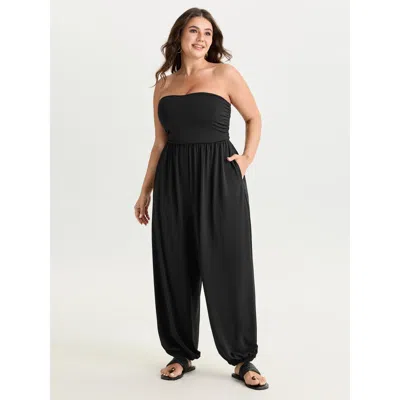 Bloomchic Women's Plus Size Supported Bra Off-shoulder Stretchy Pockets Jumpsuit Black Vacation 10/m