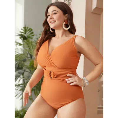 Bloomchic Women's Plus Size Surplice Neck Buckle Detail Ruched Front One Piece Swimsuit Orange Solid Adjustabl