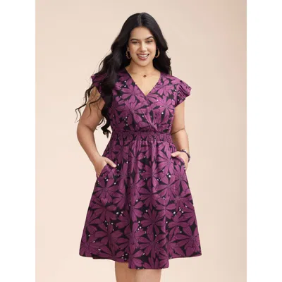 Bloomchic Women's Plus Size Surplice Neck Floral Shirred Elastic Waist Mini Dress Darkviolet Floral Midi Vacat