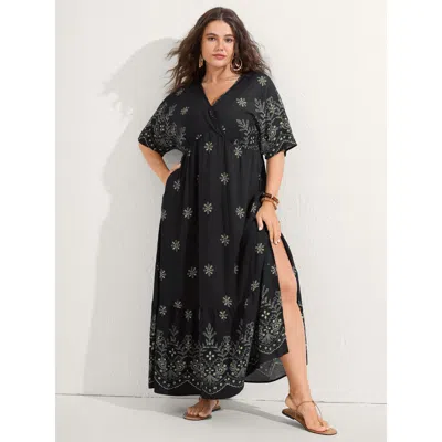 Bloomchic Women's Plus Size Surplice Neck Split Side Pockets Maxi Dress Black Paisley Maxi Vacation Wrap / Ove