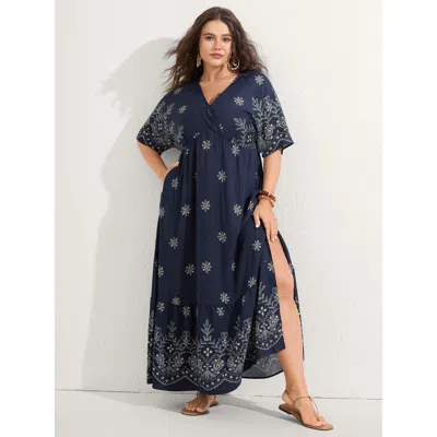 Bloomchic Women's Plus Size Surplice Neck Split Side Pockets Maxi Dress Midnight Paisley Maxi Vacation Wrap /  In Blue