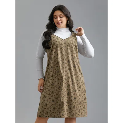 Bloomchic Women's Plus Size Suspender Skirt Style Floral Dress Browncoffeecolor Ditsy Floral Knee Everyday Tex