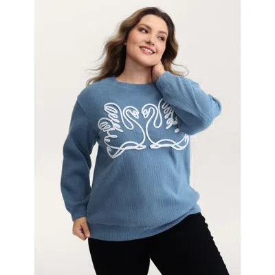 Bloomchic Women's Plus Size Swan Embroidered Pattern Relaxed-fit Sweatshirt Mediumblue Casual 12/l