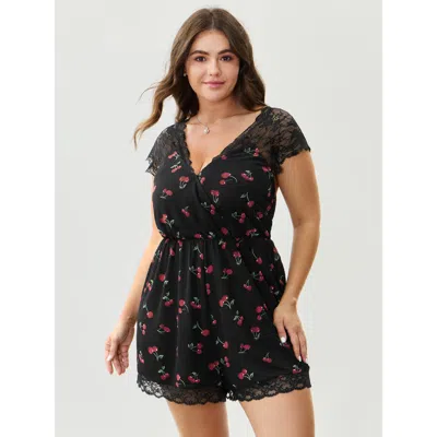 Bloomchic Women's Plus Size Sweet Cherry Lace Sleeve Lounge Romper Black Fruit V-neck Pajama Jumpsuits 22-24/3