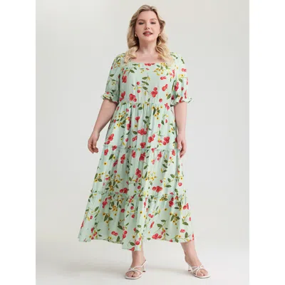Bloomchic Women's Plus Size Sweet Cherry Print Puffy Sleeve Midi Dress Multicolor Ditsy Floral Midi Elegant Fr